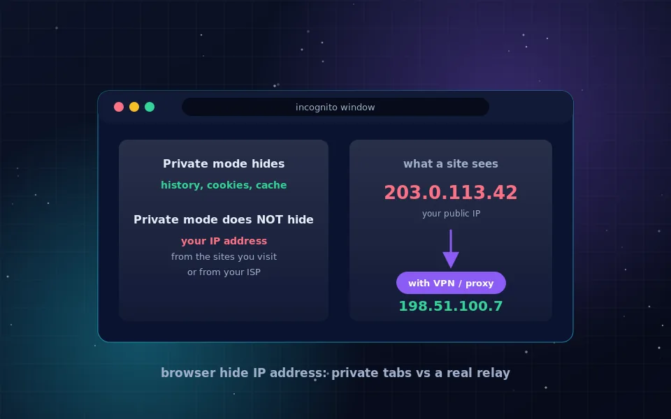 Browser hide IP address: an incognito window showing that private mode hides history and cookies but not the public IP address, and the address changing only with a VPN or proxy